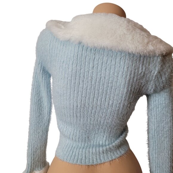Hello Kitty & Friends X Forever 21 Blue Knit Cardigan W/Faux Fur Collar & Cuff - Picture 11 of 16